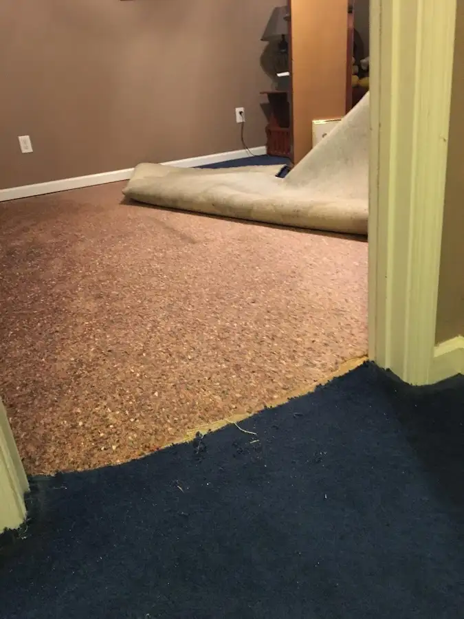 Carpet pad removal revealing water damage during Drying & Dehumidification in South Houston